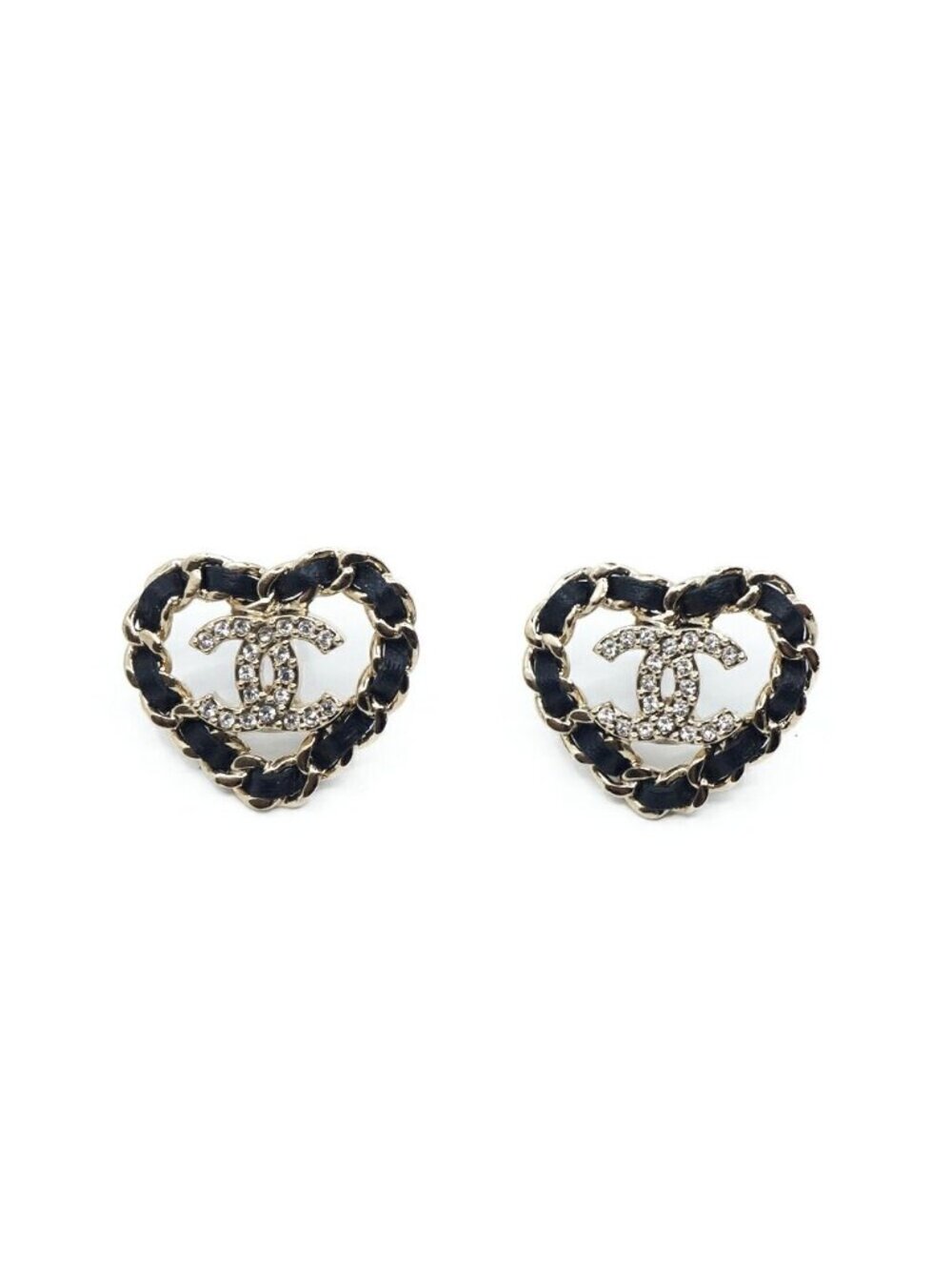 Chanel Earrings Leather Chain Gold Black CC Logo Metal